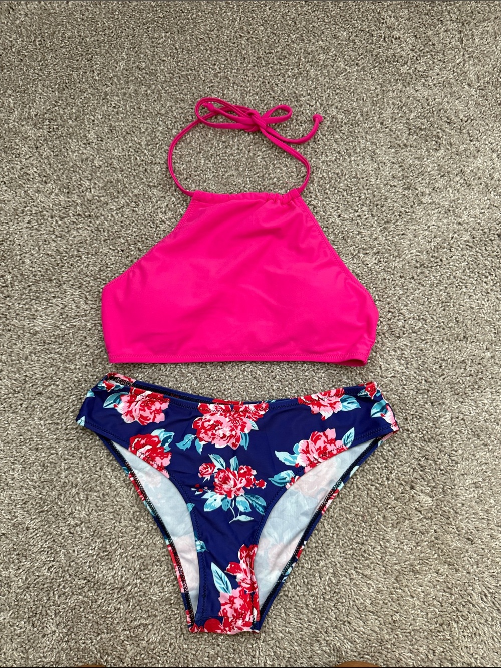 Women's Floral Bikini Set - Hot Pink Halter Top & Navy Floral Bottom